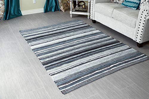 MystiqueDecors 5x7' Area Rug for Living Room - Grey & Black Indoor Non-Slip Eco-Friendly 100% Recycled Cotton Chindi Rug (60 X 84)