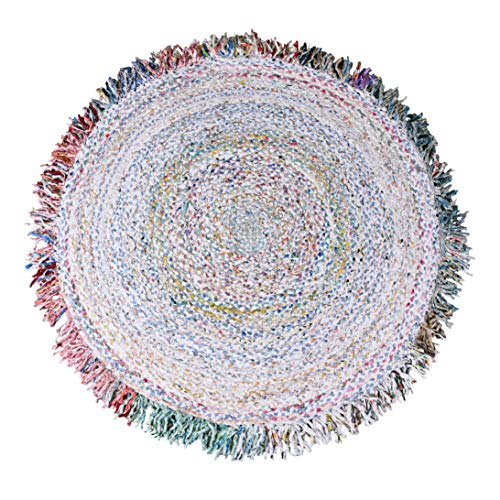 MystiqueDecors 5 ft Multicolor Round Area Rug for Living Room Pastel Braided Non-Slip Reversible Cotton Chindi Handwoven Rug with Loose Fabric tussels 5'