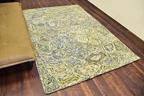 MystiqueDecors 5x8' Area Rug Hand Tufted Blue Green Yellow Tone Wool Abstract Carpet Family Living & Dining Room Bedroom Woolen Rugs